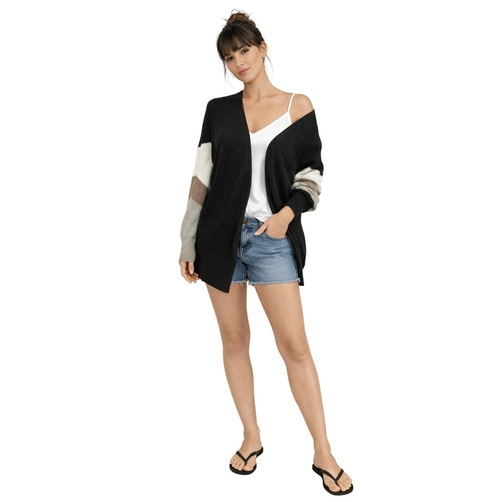 Quagga Women's Open Front Colorblock Cardigan Neutral Black‎ Cream Brown L